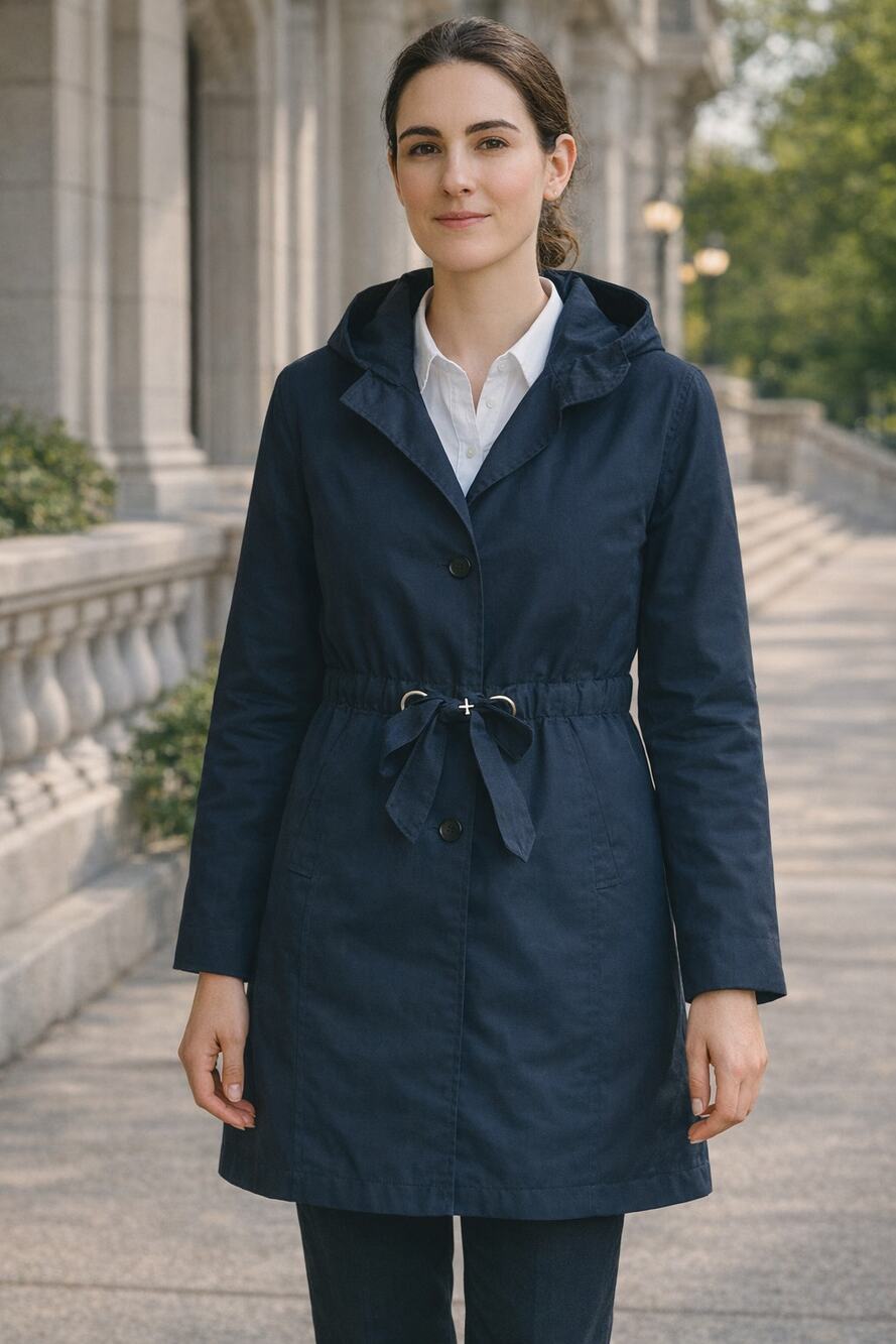 Elizabeth McKay Navy Blue Trench Coat Sz 8 Ruffle Collar Preppy Classic Minimal